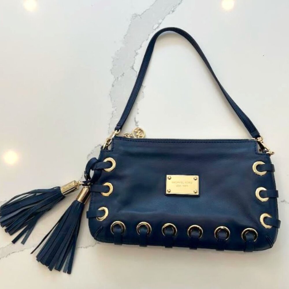 Michael Kors Vintage Astor collection: Navy and Gold Blue Leather Laced Grommet